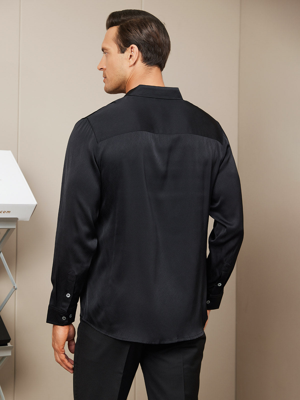 SilkSilky-AU Silk Long Sleeve Collar Men's Shirt Black 002