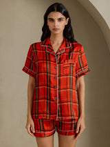 [Red Plaid] SilkSilky-AU Short Sleeve Notch Collar Women's Pyjamas 001