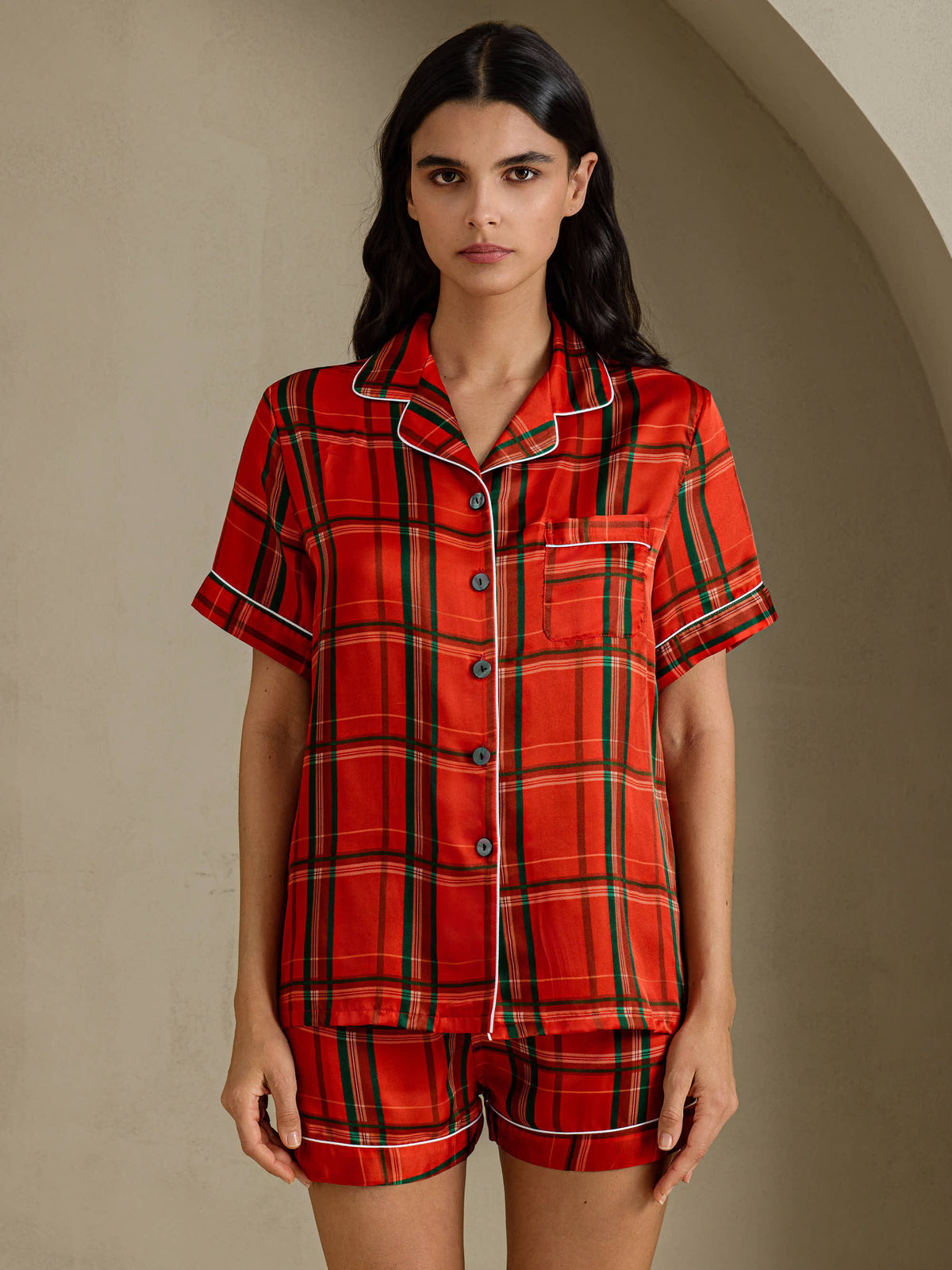 [Red Plaid] SilkSilky-AU Short Sleeve Notch Collar Women's Pyjamas 001