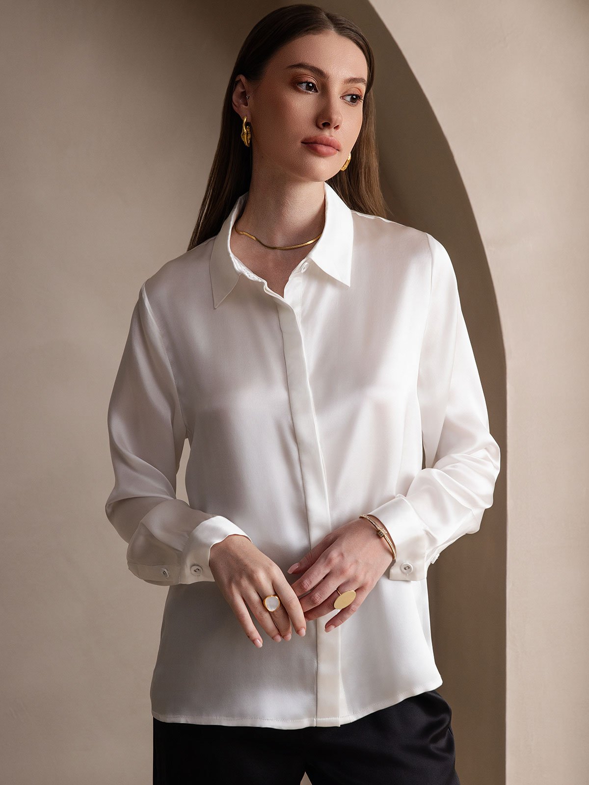 SilkSilky-AU 19Momme Silk Long Sleeve Collar Women's Shirt White 003