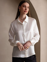 [White] SilkSilky-AU 19Momme Stretch Silk Charmeuse Long Sleeve Lapel Collar Women's Shirt 003