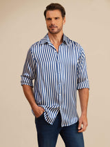 [Navy Stripe] SilkSilky-AU 19Momme Stretch Silk Charmeuse Long Sleeve Lapel Collar Men's Shirt 005