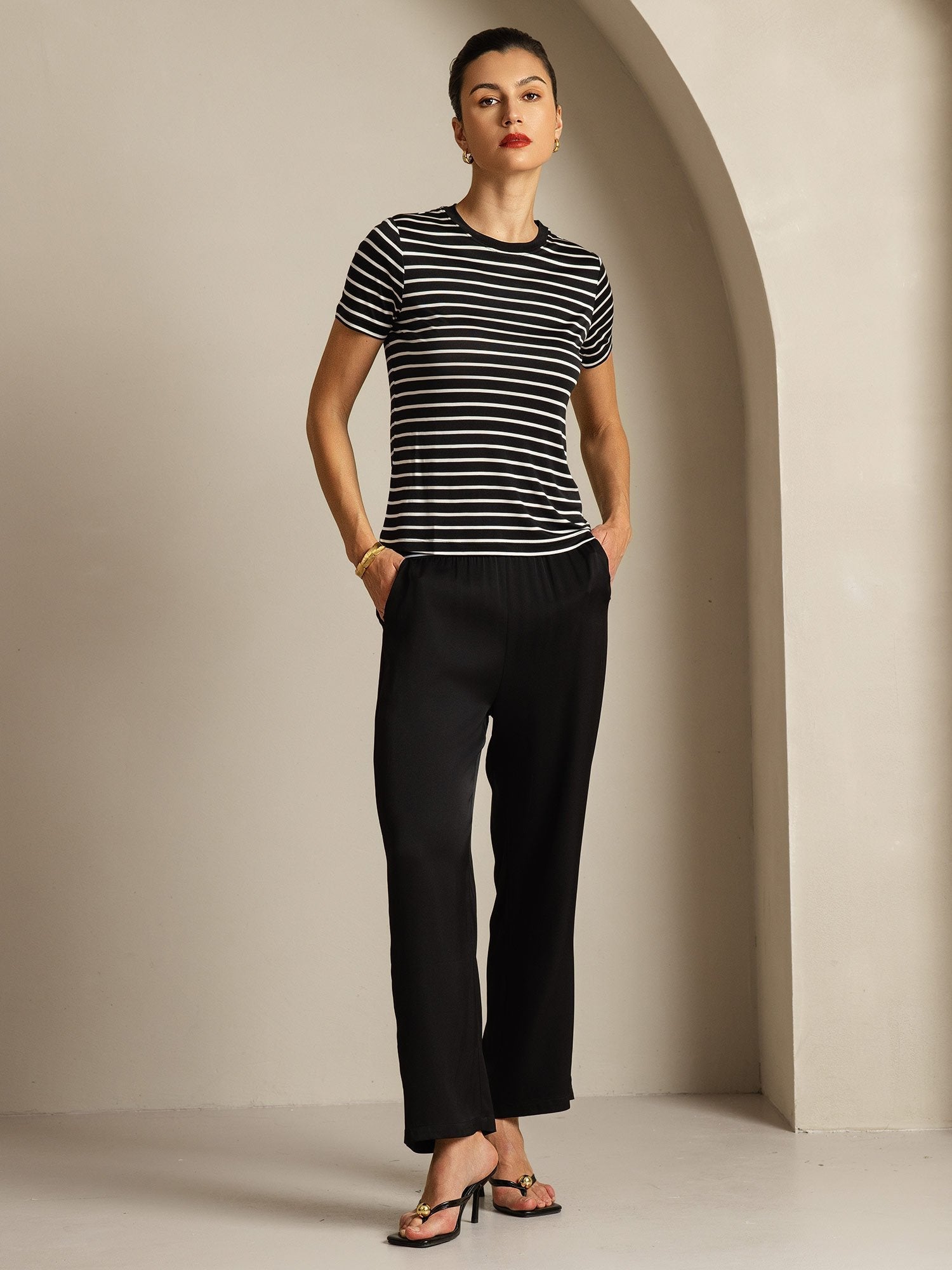 [BlackStripe] SilkSilky-AU Pure Silk Round Neck Women's T-Shirt 006