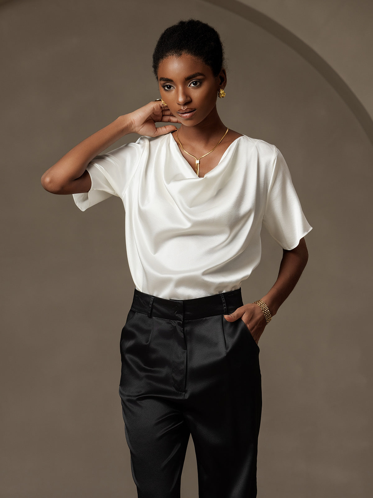 [White] SilkSilky-AU 19Momme Silk Short Sleeve Cowl Neck Blouse 005