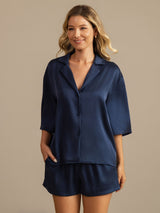 [Dark Blue] SilkSilky-AU 19Momme Machine-Washable Silk Half Sleeve Notch Collar Women's Pyjamas 008