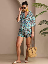 [Teal Botanical] SilkSilky-AU Half Sleeve Lapel Collar Women's Pyjamas 006