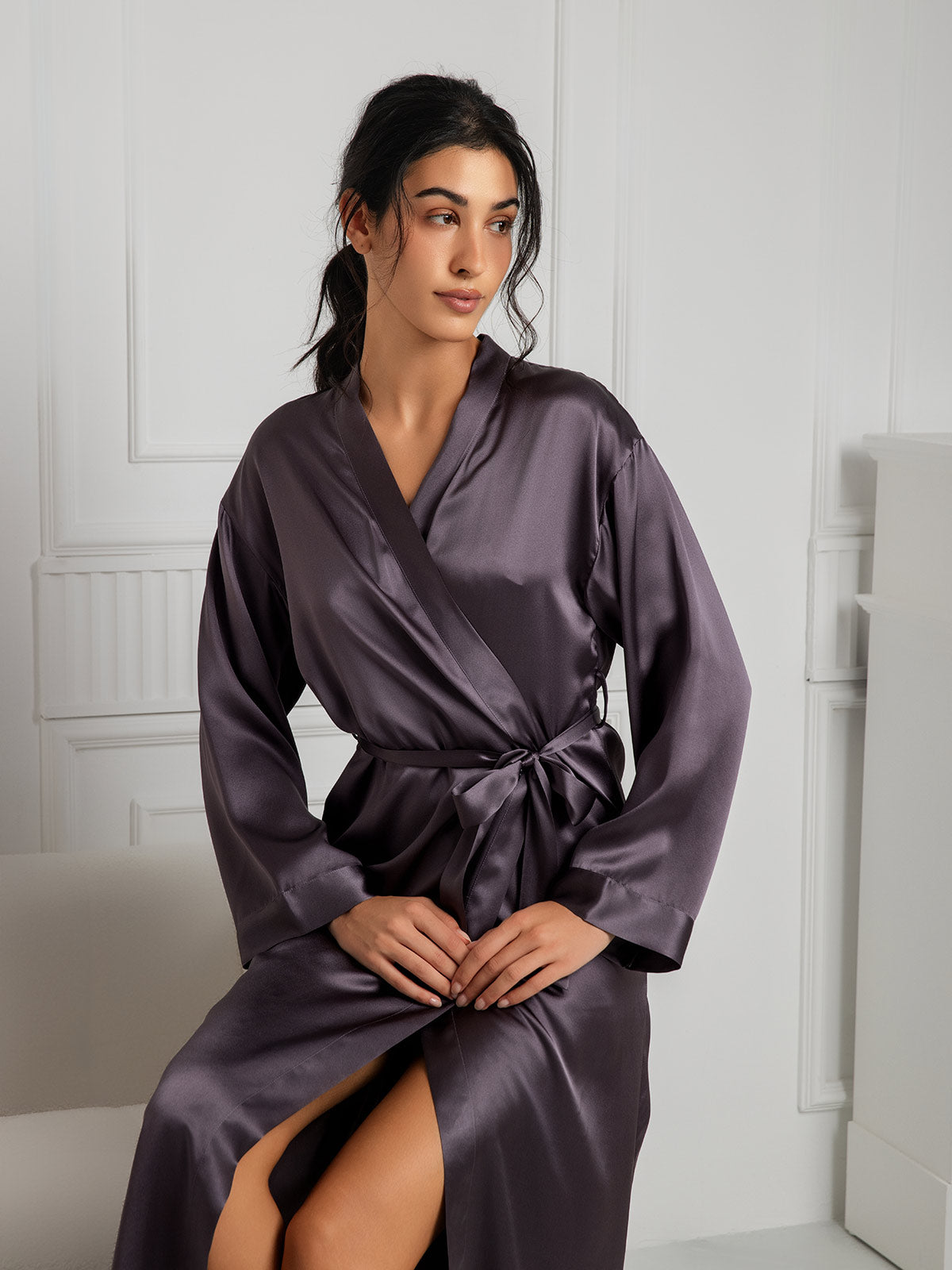 [Purple Gray] SilkSilky-AU Pure Silk Wrap Women's Dressing Gown 006