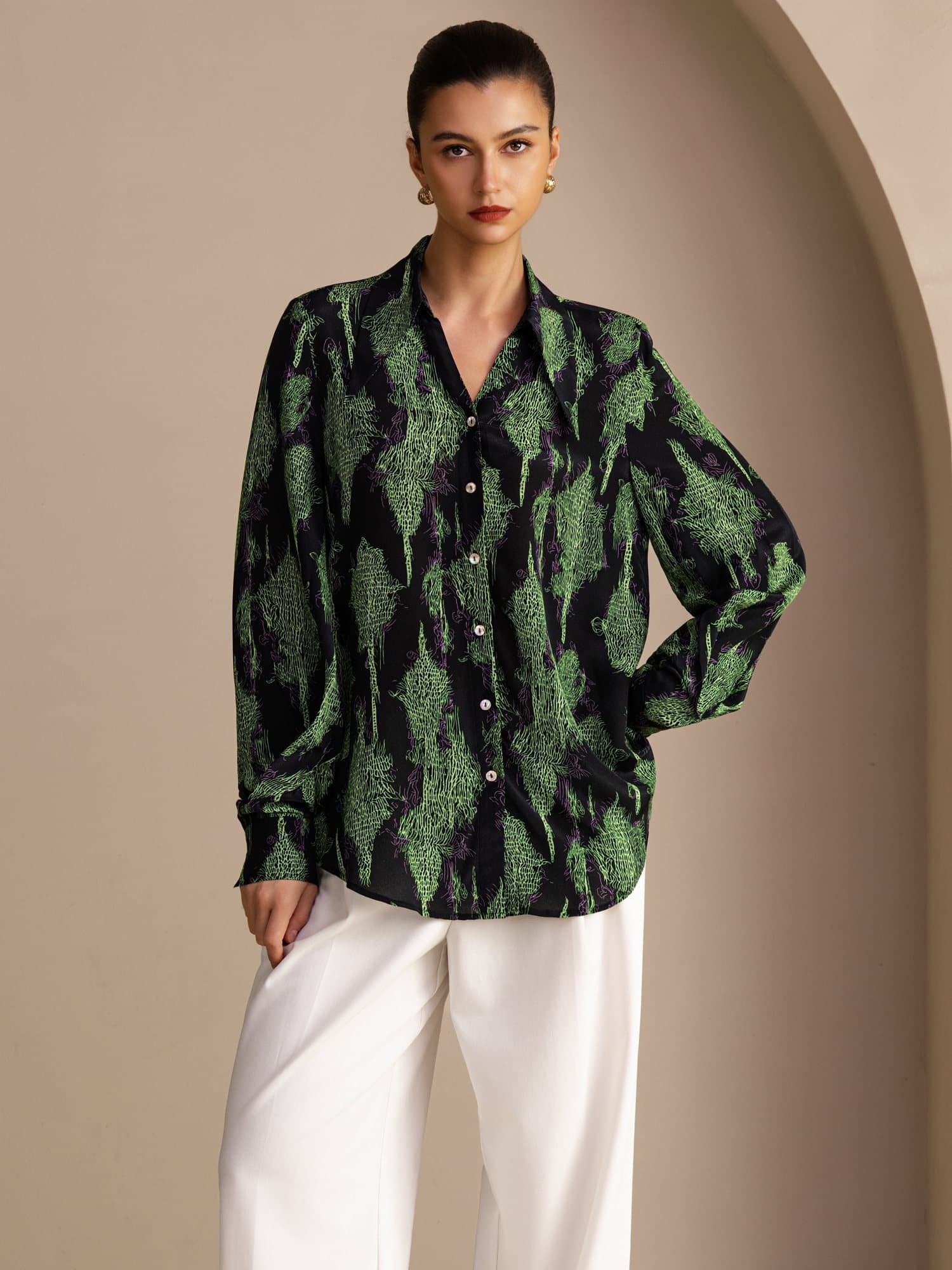 [Black Moss] SilkSilky-AU Long Sleeve Lapel Collar Blouse 001