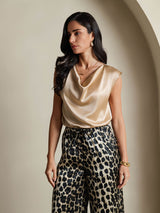 [Champagne] SilkSilky-AU Cap Sleeve Cowl Neck Women's T-Shirt 006