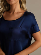 [Dark Blue] SilkSilky-AU 19Momme Machine-Washable Silk Short Sleeve Round Neck Nightgown 004