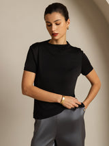 [Black] SilkSilky-AU 100% Silk Jersey Short Sleeve Mock Neck Women's T-Shirt 006