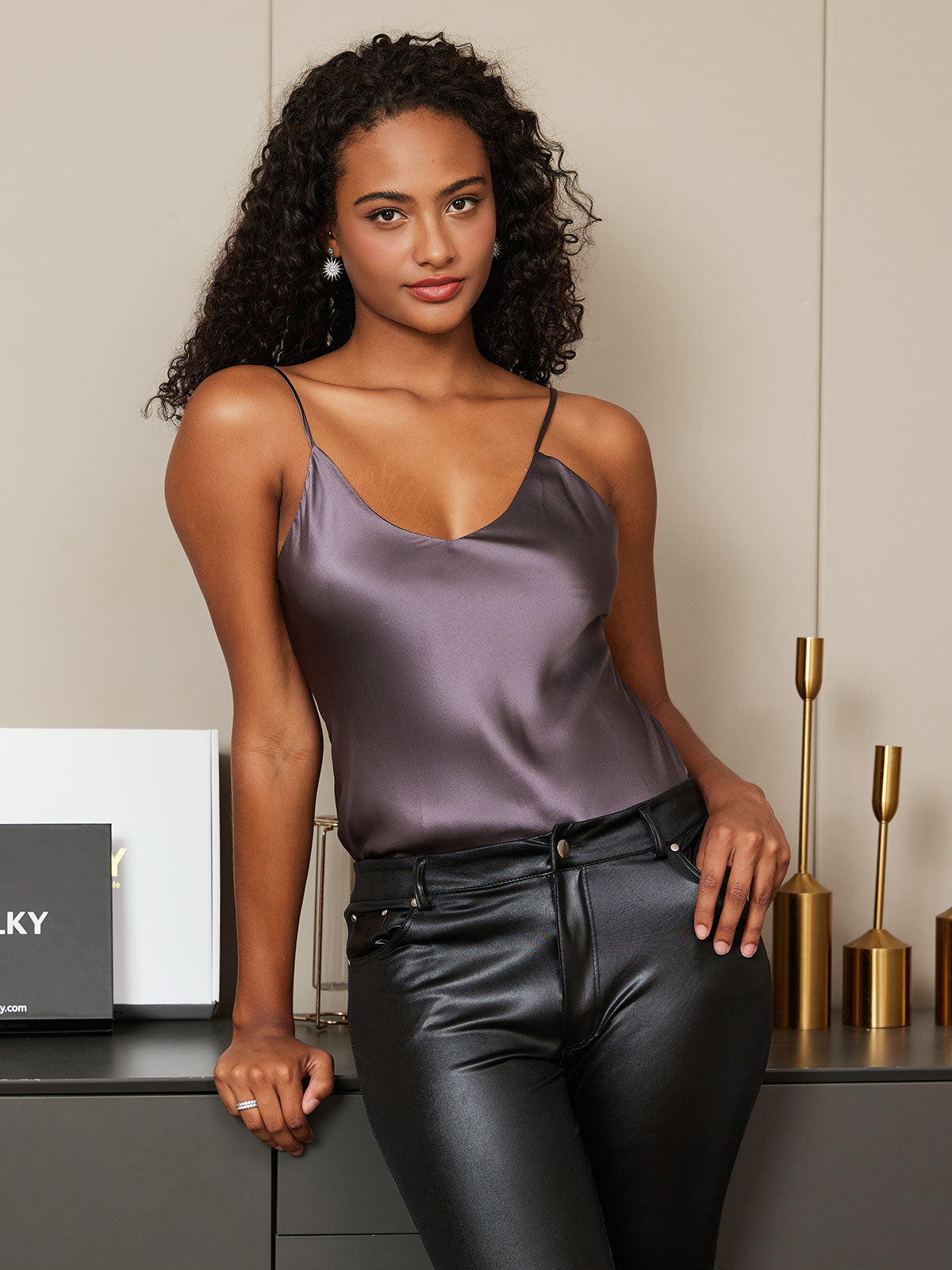 [Purple Gray] SilkSilky-AU Pure Silk Sleeveless V Neck Camisole 004