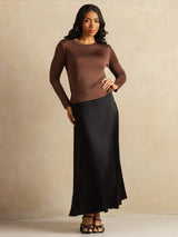 [Coffee] SilkSilky-AU 100% Silk Jersey Long Sleeve Crew Neck Women's T-Shirt 009