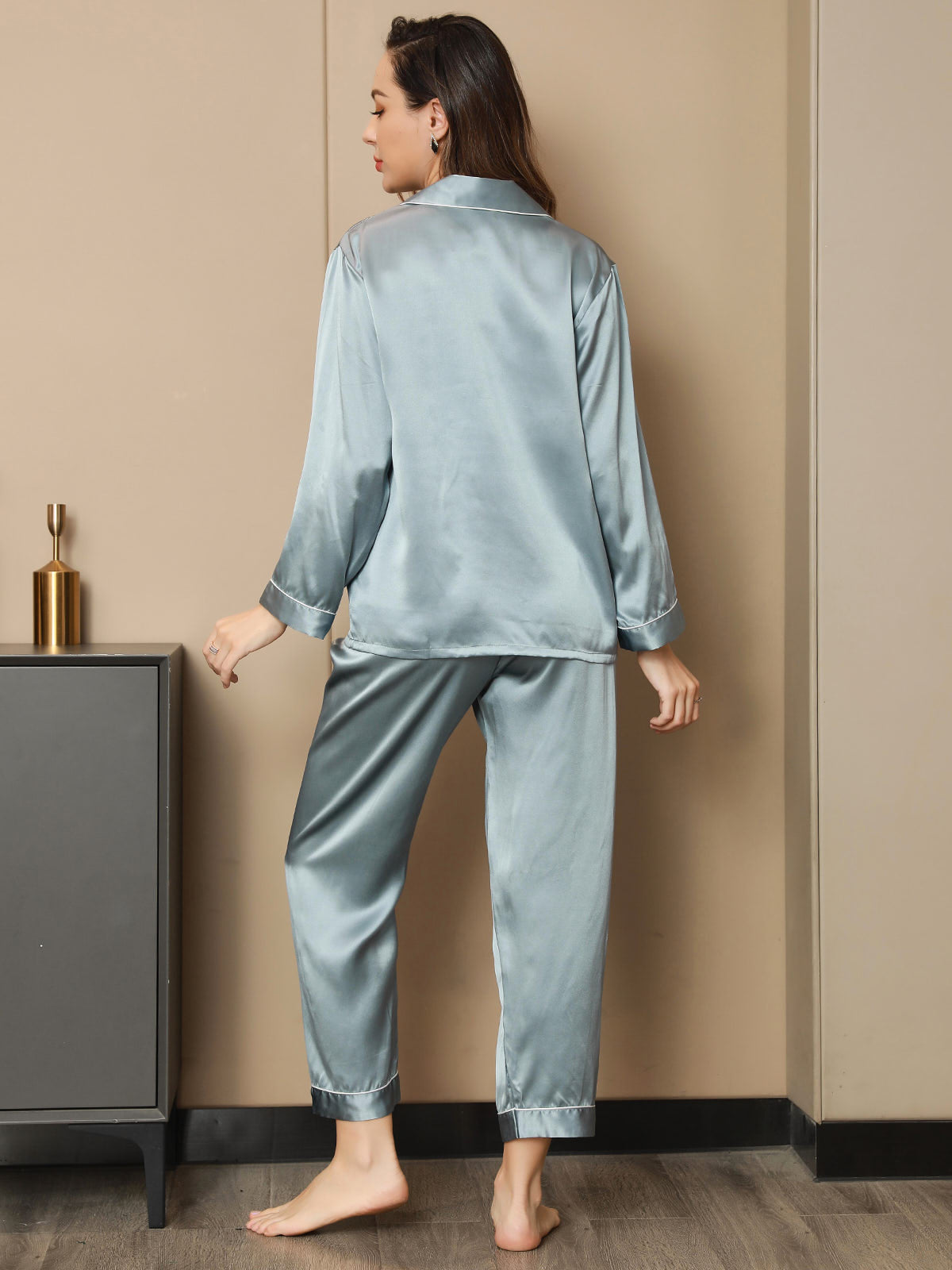 SilkSilky-AU Pure Silk Long Sleeve Lapel Women's Pyjamas SteelBlue 003