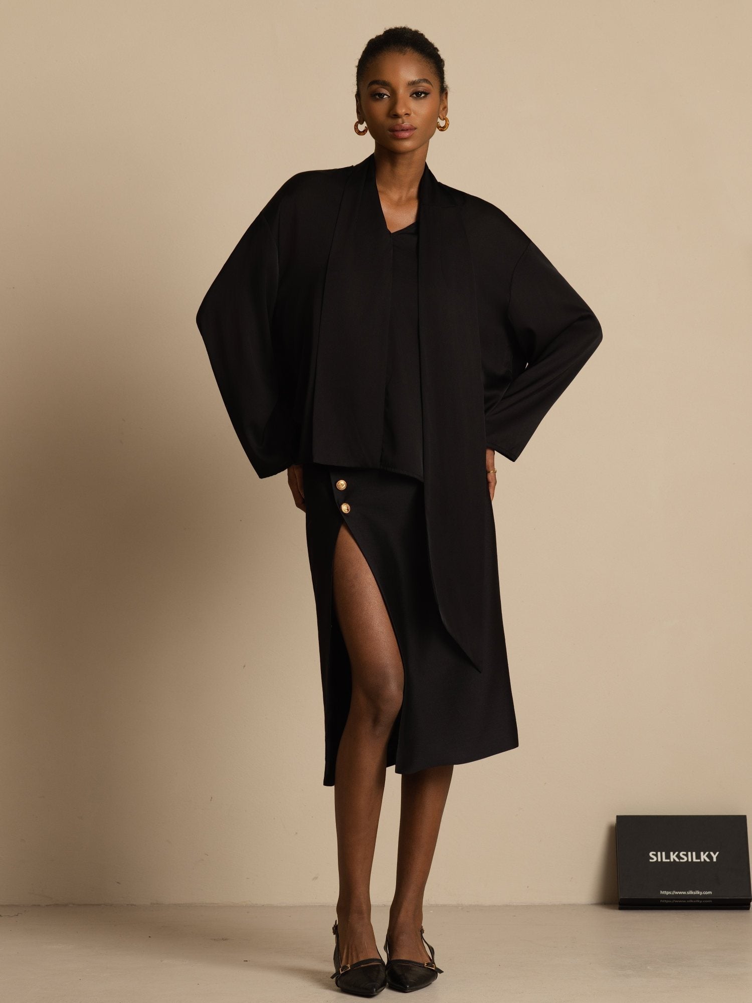 [Black] SilkSilky-AU 19Momme Stretch Silk Double Georgette Long Sleeve V Neck Blouse 007