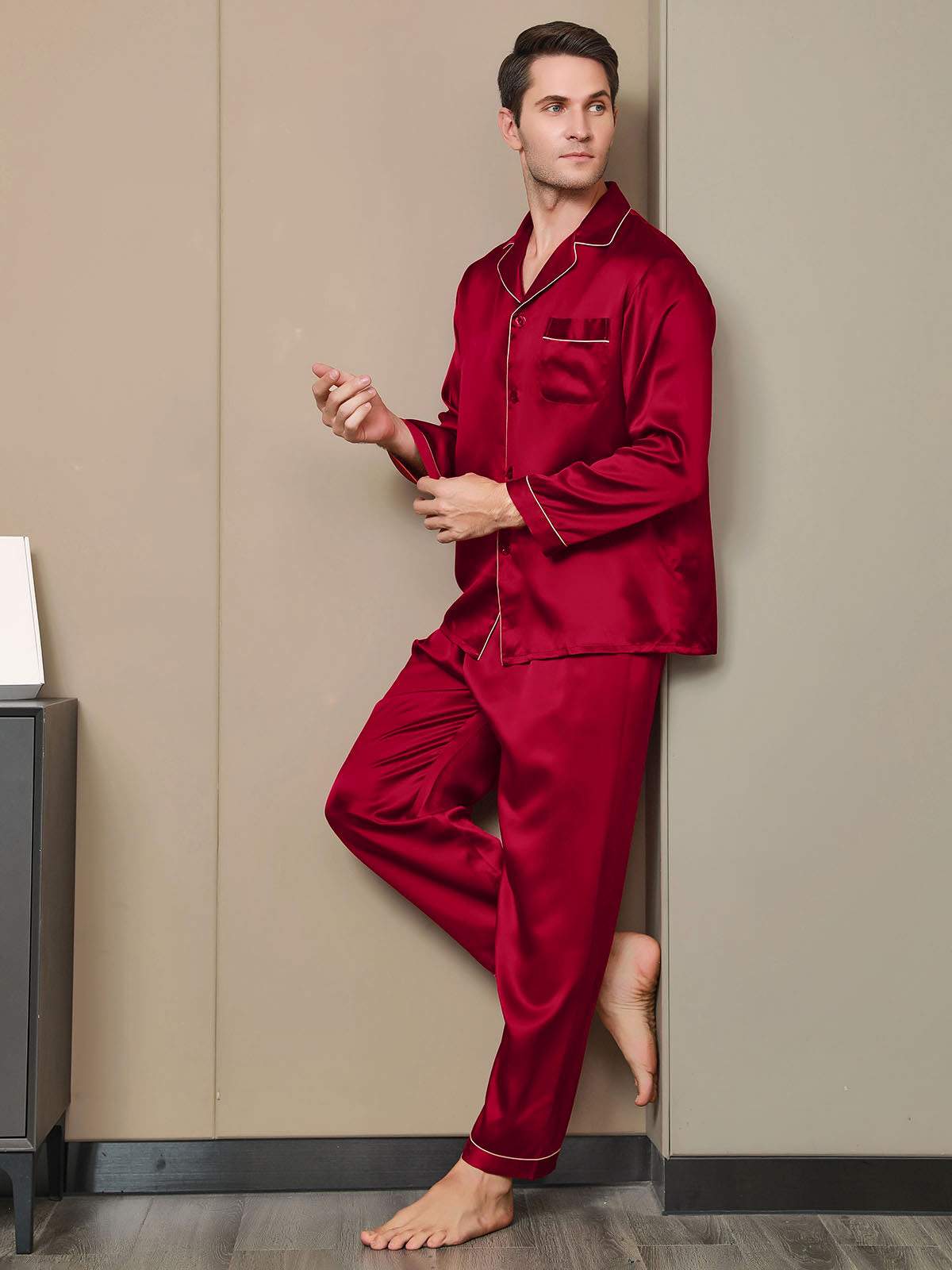 SilkSilky AU Pure Silk Long Sleeve Lapel Men's Pyjamas Wine 002