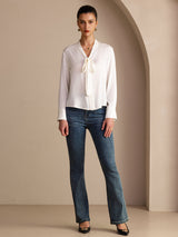 [White] SilkSilky-AU Long Sleeve Tie Neck Women's Blouse 007