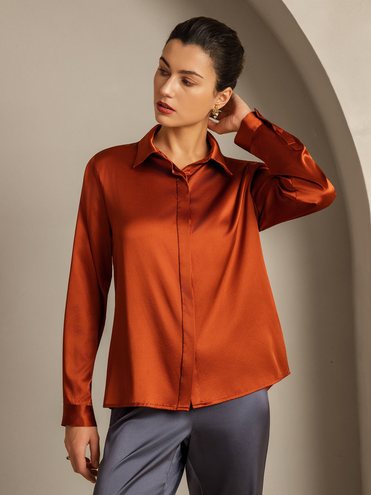 [Caramel] SilkSilky-AU 19Momme Silk Lapel Collar Women's Shirt 004