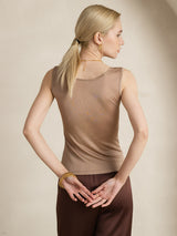 [Coffee] SilkSilky-AU 100% Silk Jersey Sleeveless Round Neck Women's T-Shirt 002