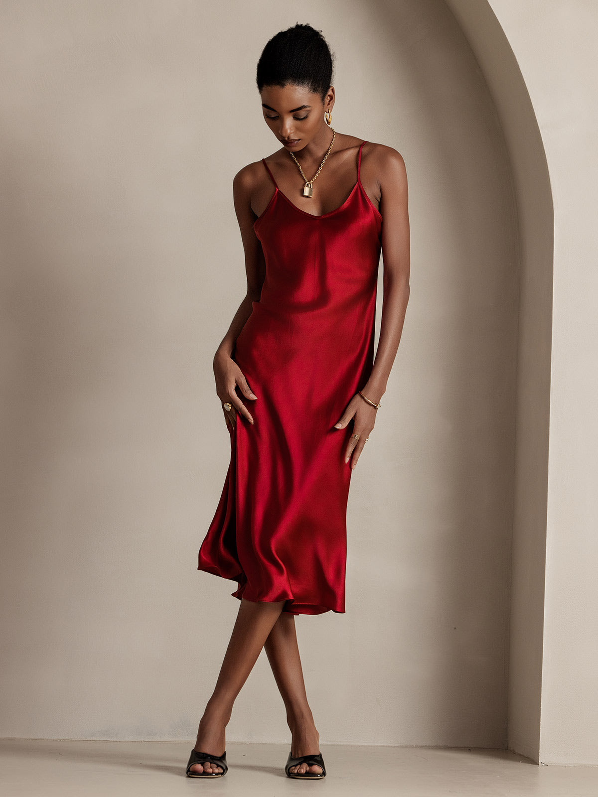 SilkSilky AU Pure Silk Deep V Neck Dress Wine 006