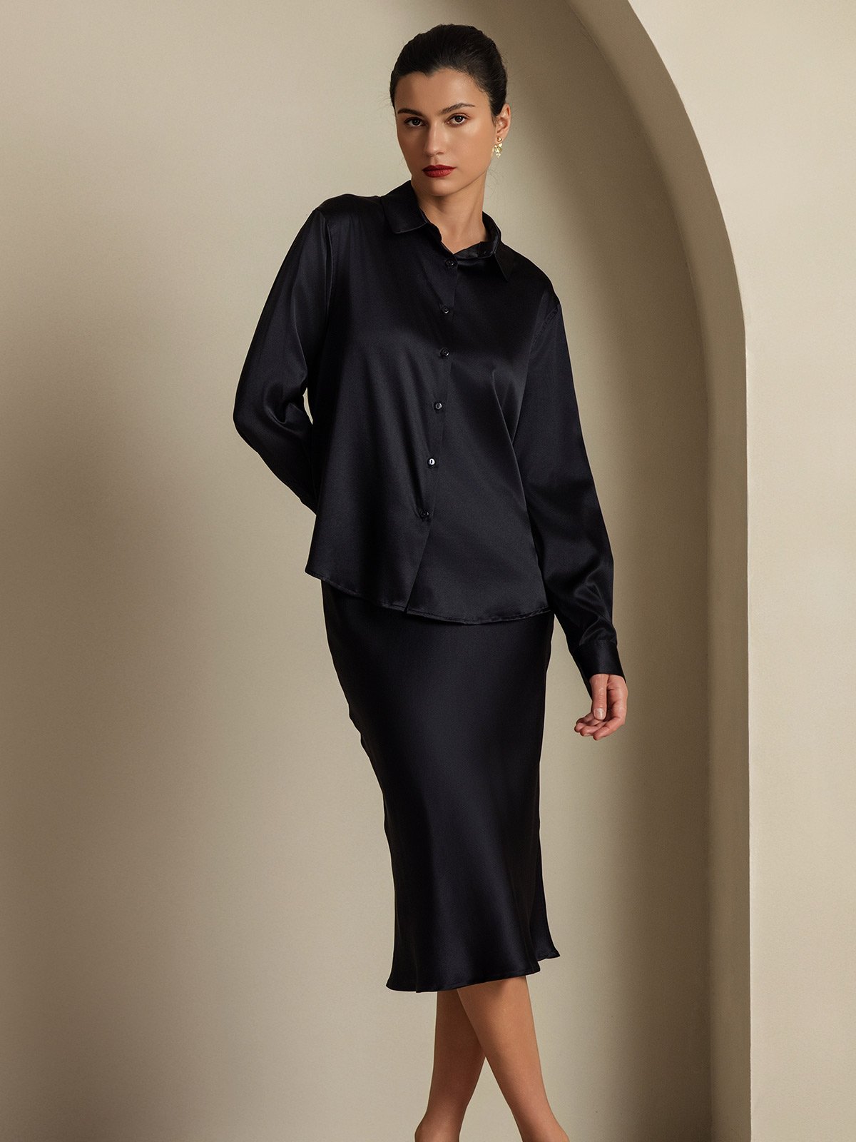 [Black] SilkSilky-AU 19Momme Silk Knitted Lapel Collar Women''s Outfit Sets 005,