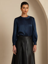 [Dark Blue] SilkSilky-AU 19Momme Long Sleeve Round Neck Blouse 001
