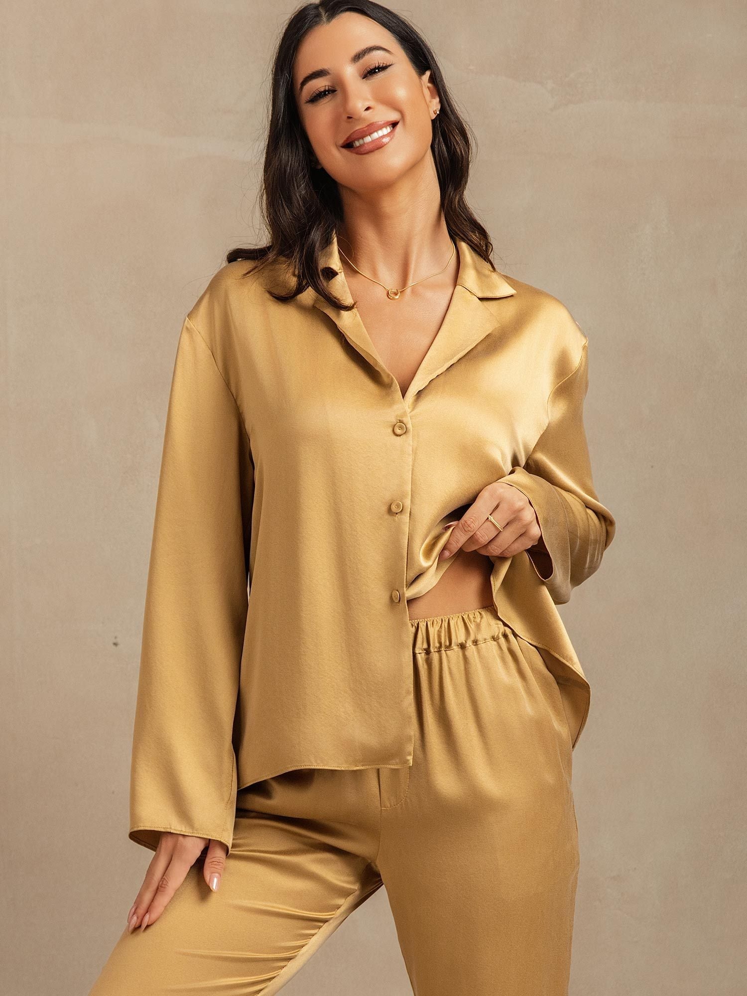 [Tan] SilkSilky-AU 19Momme Washable Silk Notched Neck Women's Pyjamas 007