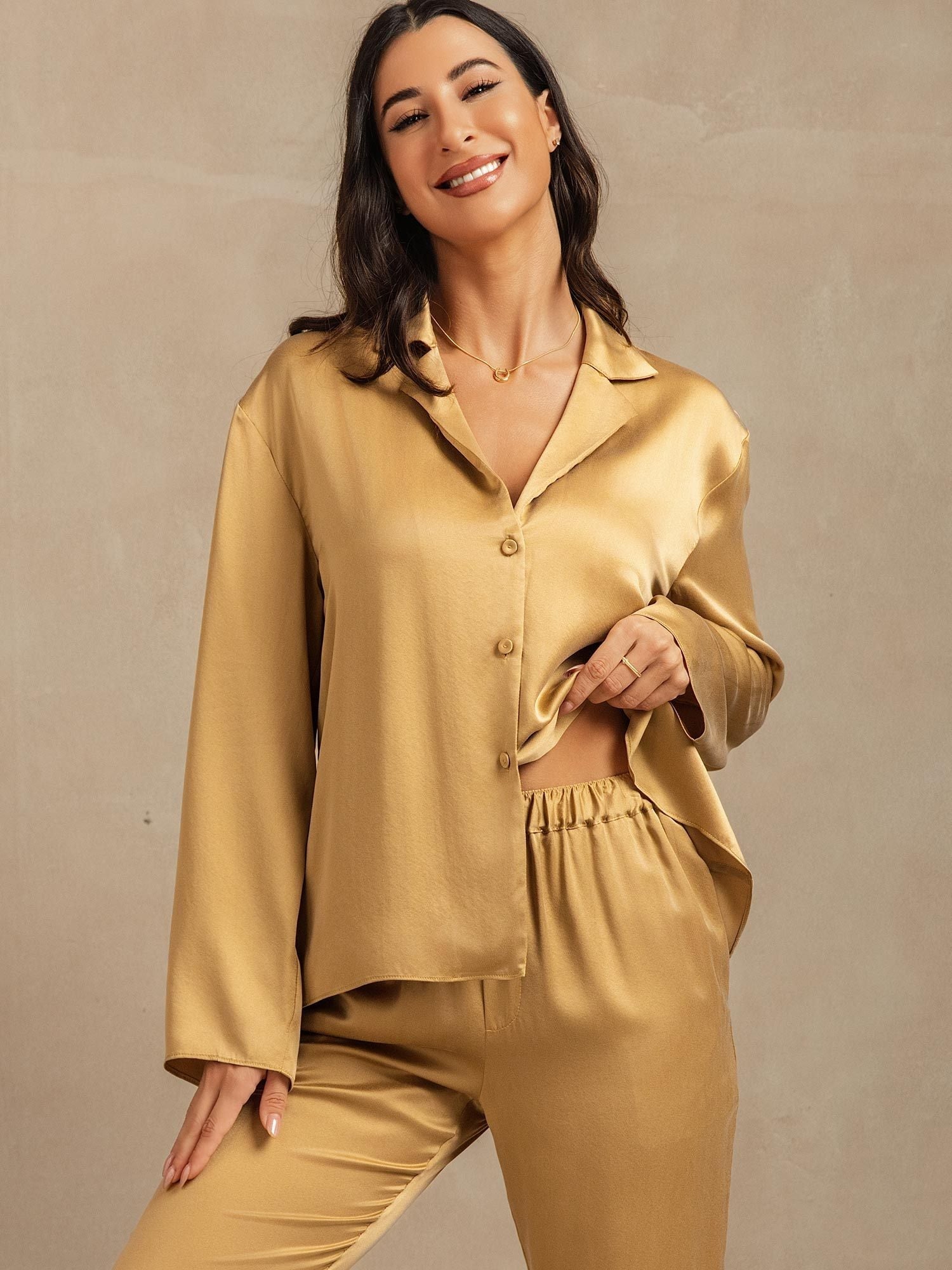 [Tan] SilkSilky-AU 19Momme Machine-Washable Silk Long Sleeve Notch Collar Women's Pyjamas 007