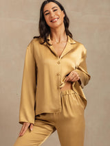 [Tan] SilkSilky-AU 19Momme Machine-Washable Silk Long Sleeve Notch Collar Women's Pyjamas 007