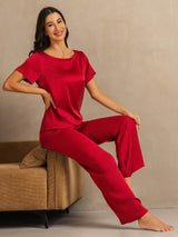 [Wine] SilkSilky-AU 19Momme Machine-Washable Silk Short Sleeve Women's Pyjamas 007