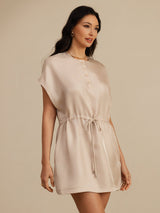[Tan] SilkSilky-AU 18Momme Silk Satin Surah Cap Sleeve Henley Neck Dress 003