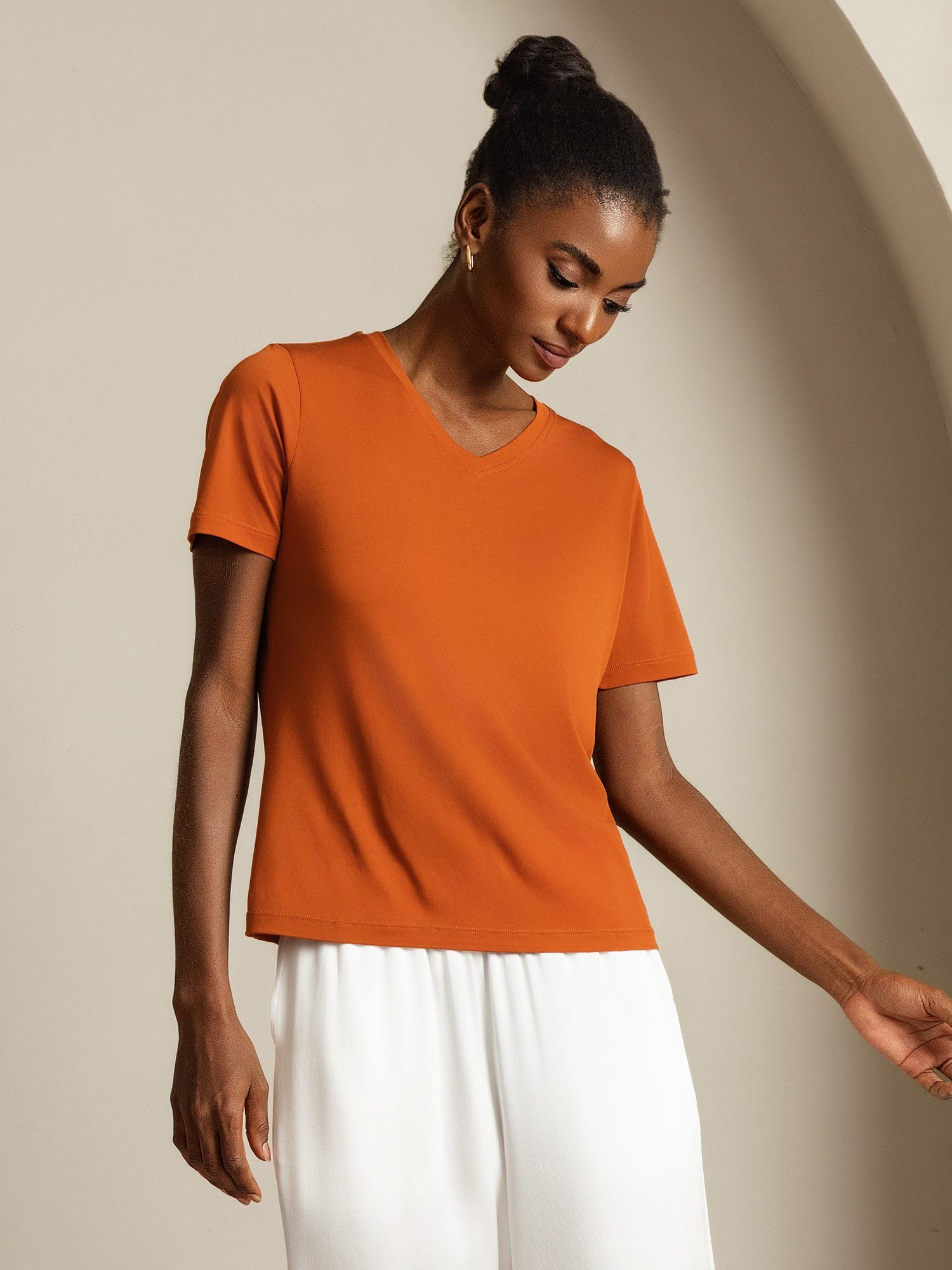[Orange] SilkSilky-AU Pure Silk V Neck Women's T-Shirt 003