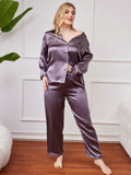 SilkSilky AU Pure Silk Long Sleeve Lapel Plus Size Pyjamas PurpleGray 003