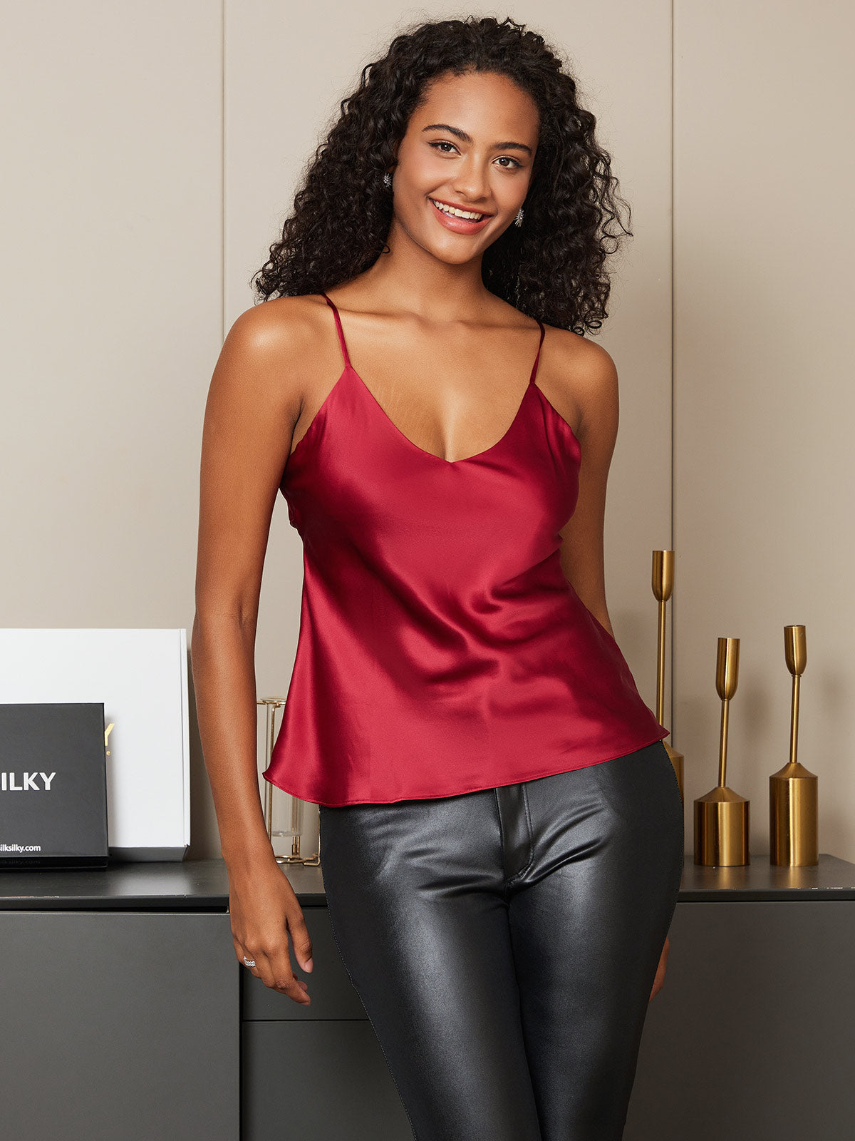 [Dark Red] SilkSilky-AU Pure Silk Sleeveless V Neck Camisole 005