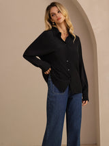 [Black] SilkSilky-AU Long Sleeve Lapel Collar Women's Shirt 004