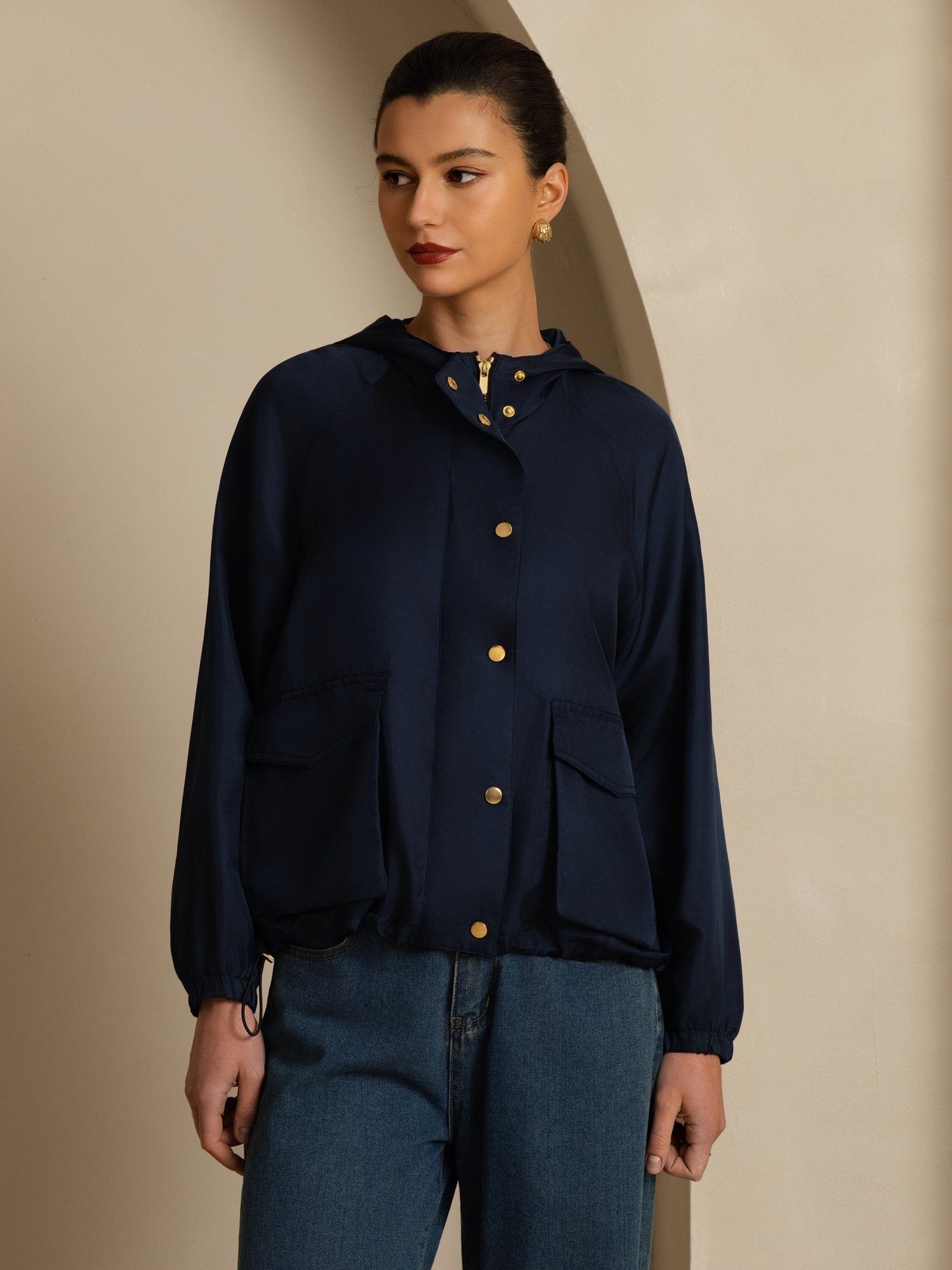 [DarkBlue] SilkSilky-AU Silk Satin Surah Long Sleeve High Neck Women's Outerwear 003