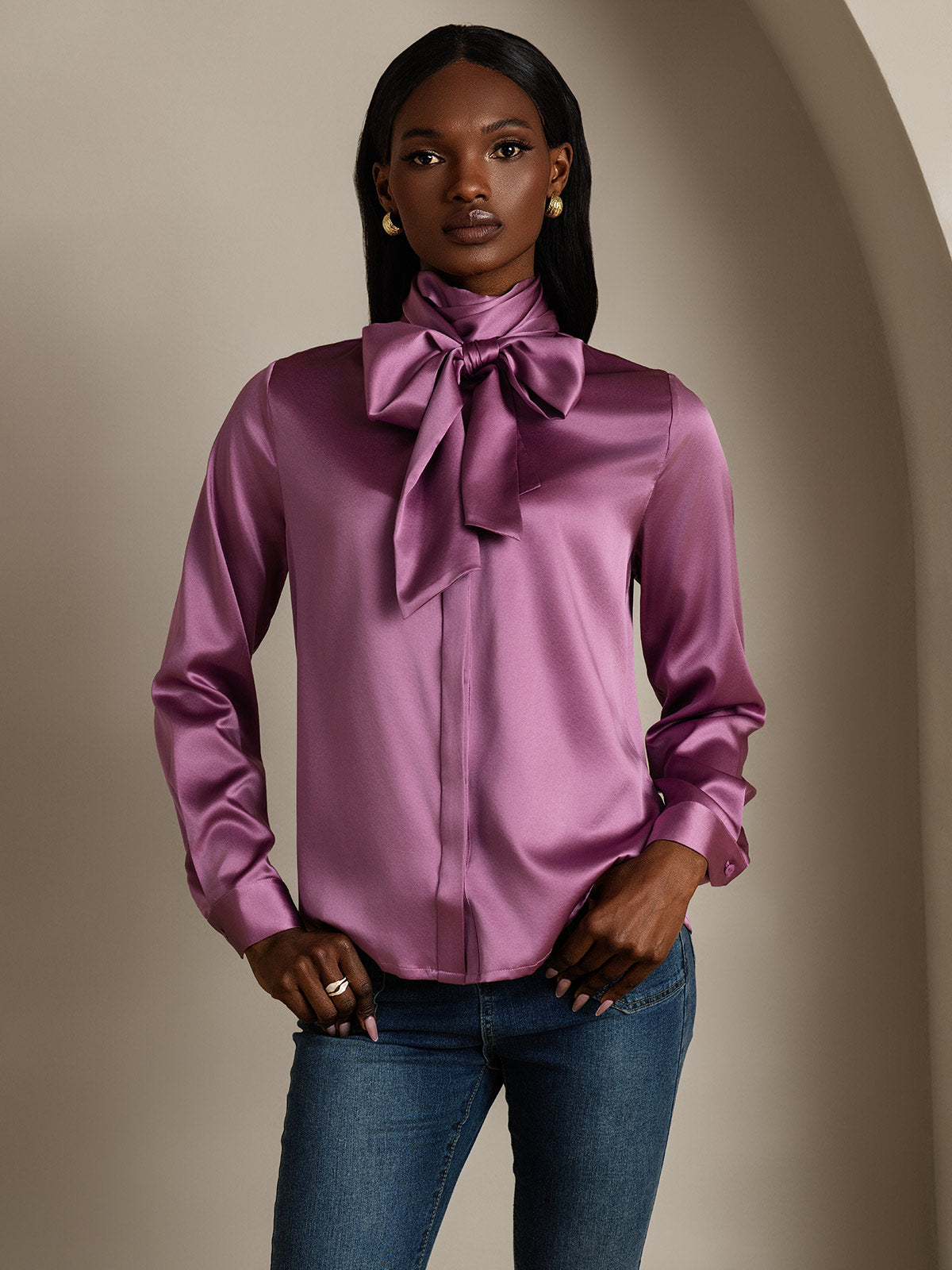 SilkSilky-AU 19Momme Silk Long Sleeve Tie Neck Women's Shirt DeepPurple 001