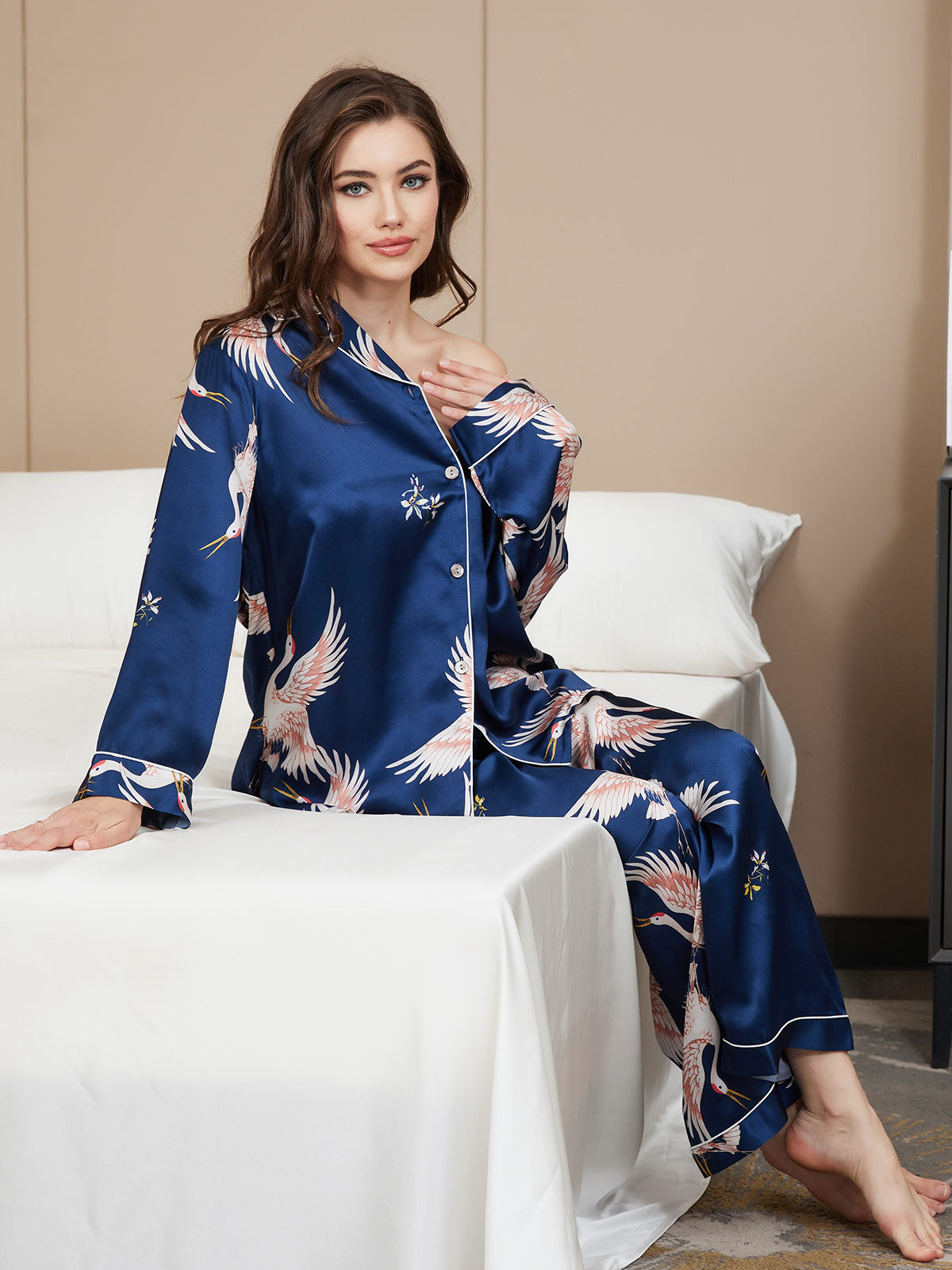 SilkSilky-AU 19Momme Pure Silk Long Sleeve Lapel Women's Pyjamas DarkBlue 006