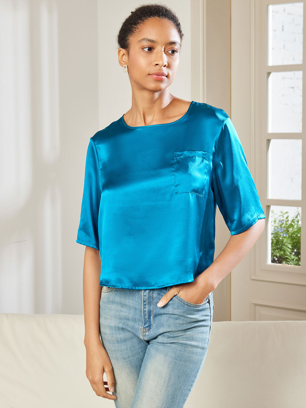 SilkSilky AU Pure Silk Half Sleeve Boat Neck Women's T Shirt Teal 004