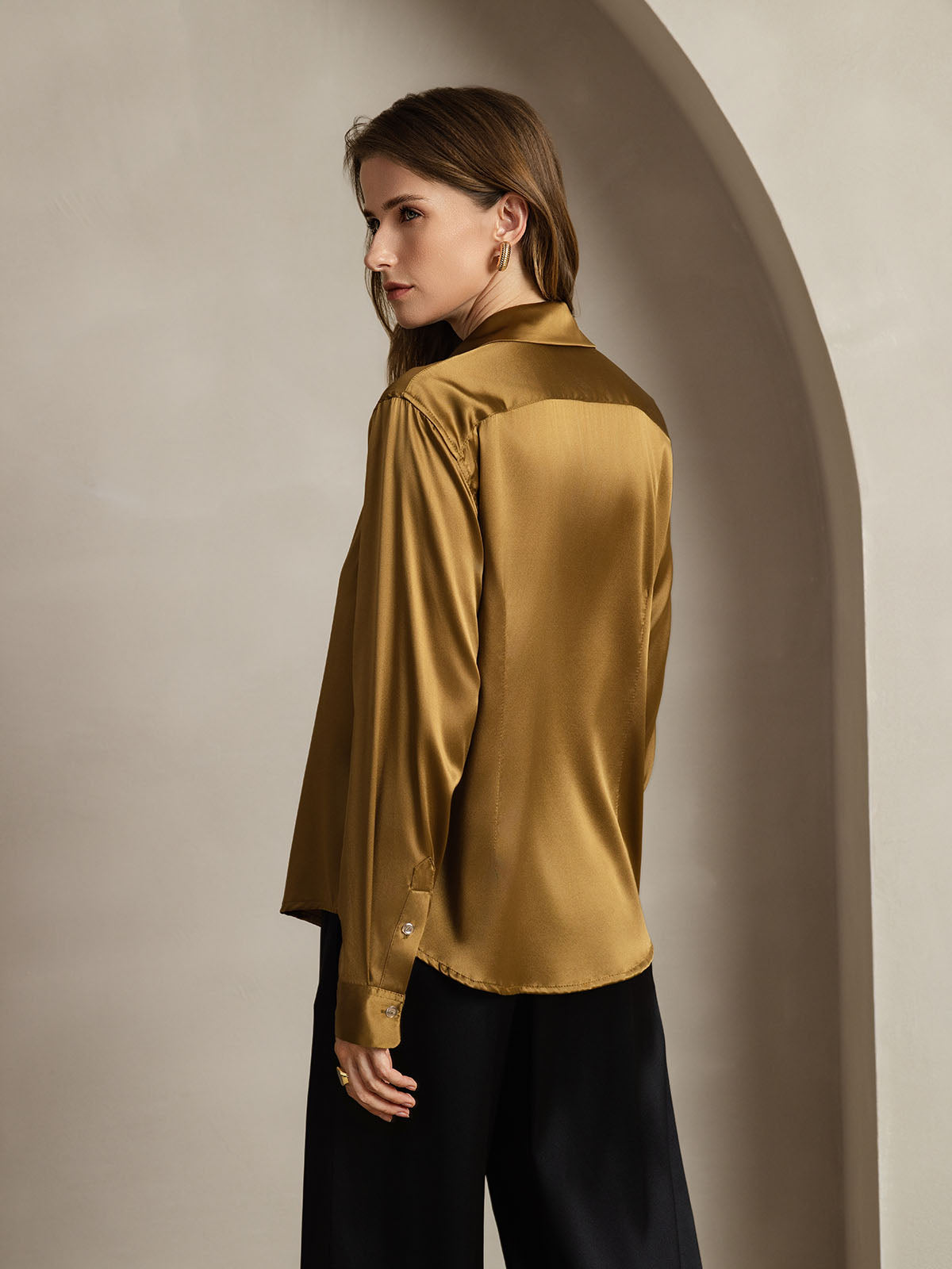 [Bronze] SilkSilky-AU Silk Long Sleeve Lapel Collar Women's Shirt 002
