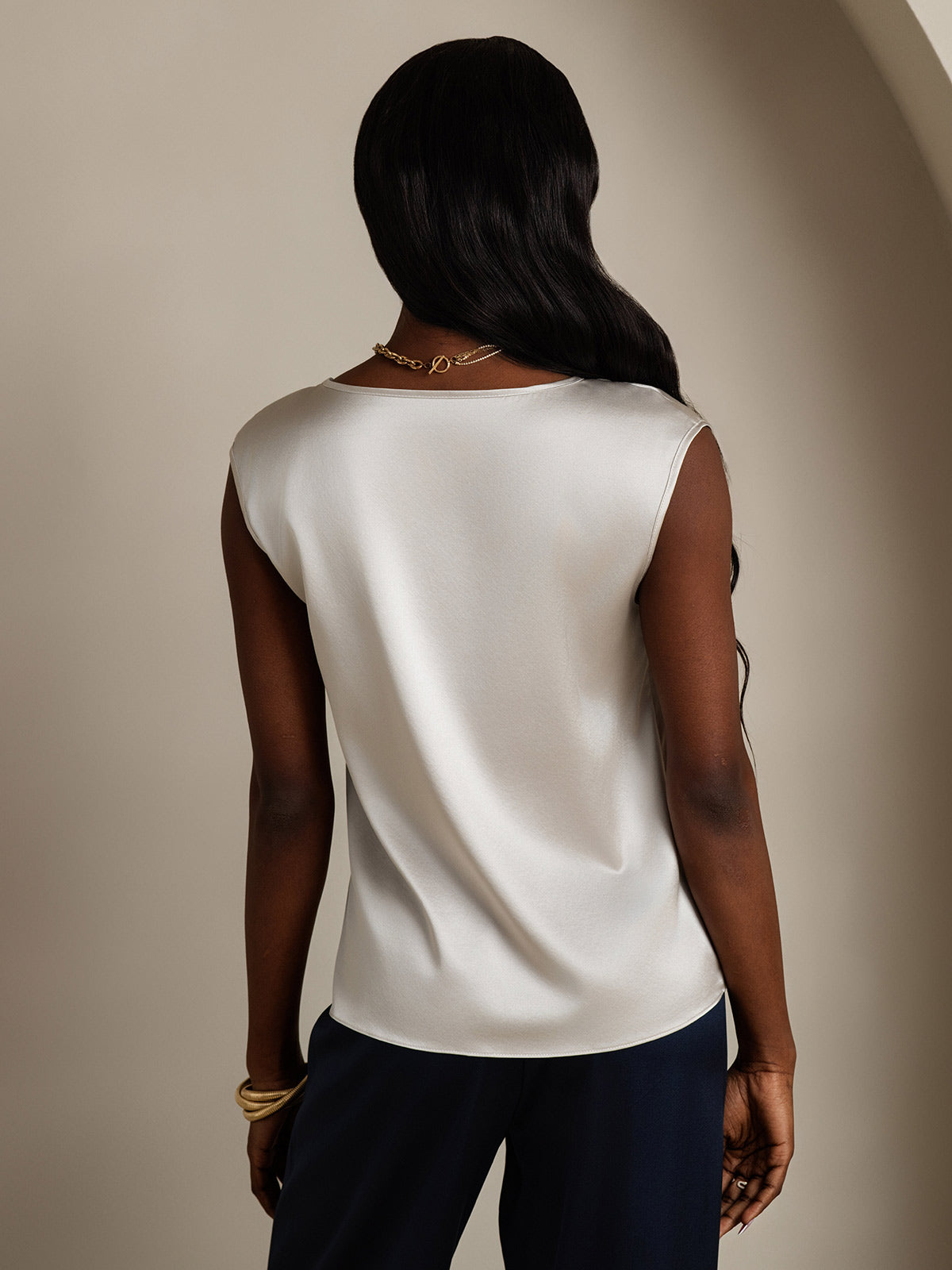 [Light Gray] SilkSilky-AU 19Momme Stretch Silk Charmeuse Cap Sleeve Round Neck Women's T-Shirt 002