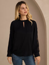 [Black] SilkSilky-AU Long Sleeve Keyhole Neck Women's Blouse 003