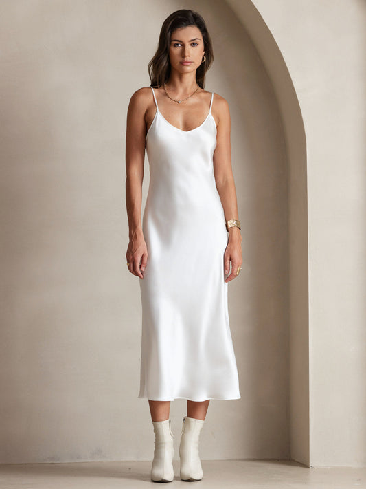 SilkSilky-AU Pure Silk Sleeveless Round Neck Dress White 001