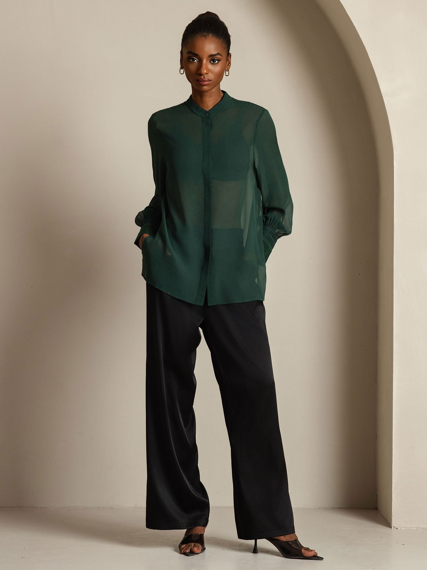 [Dark Green] SilkSilky-AU Pure Silk Split Women's Shirt 009