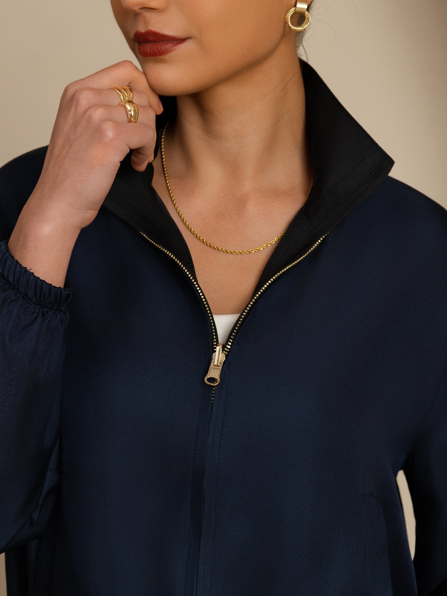 [Black+DarkBlue] SilkSilky-AU 18Momme Silk Satin Surah Long Sleeve Stand Collar Women's Outerwear 006