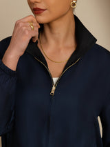 [Black+DarkBlue] SilkSilky-AU 18Momme Silk Satin Surah Long Sleeve Stand Collar Women's Outerwear 006