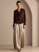 [Bitter Chocolate] SilkSilky-AU Long Sleeve Tie Neck Women's Blouse 005