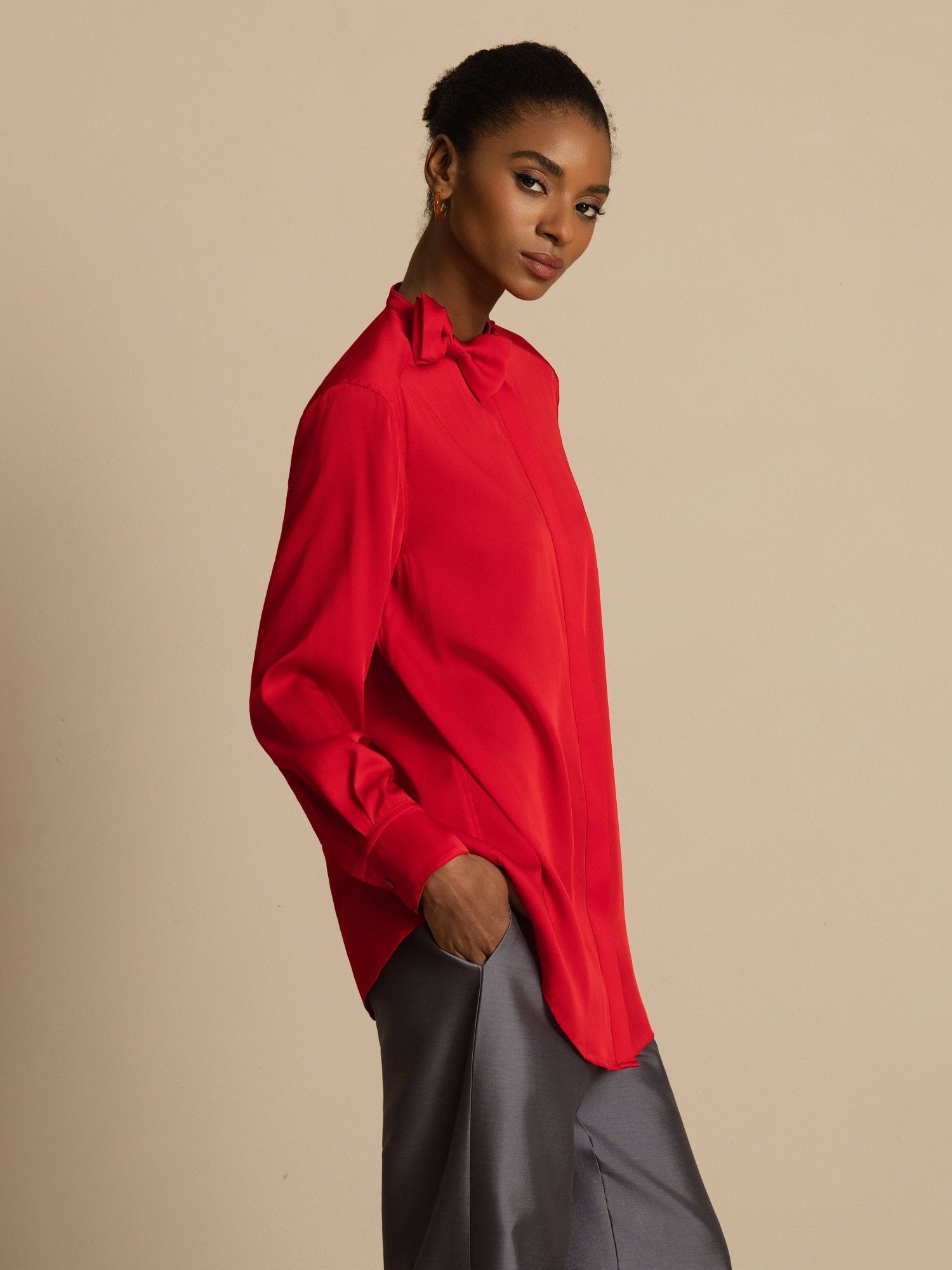 [Wine] SilkSilky-AU 19Momme Stretch Silk Double Georgette Long Sleeve Stand Collar Blouse 006