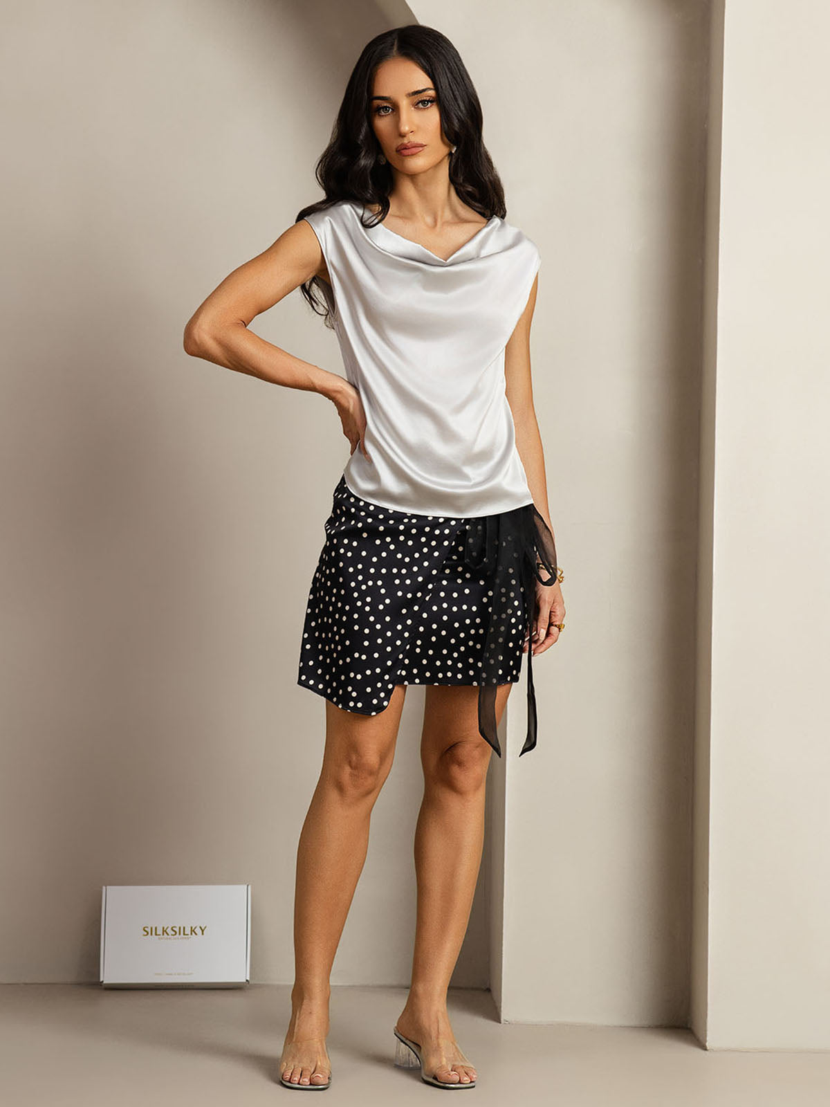 [Silver] SilkSilky-AU 19Momme Silk Sleeveless Cowl Neck Women's T-Shirt 003