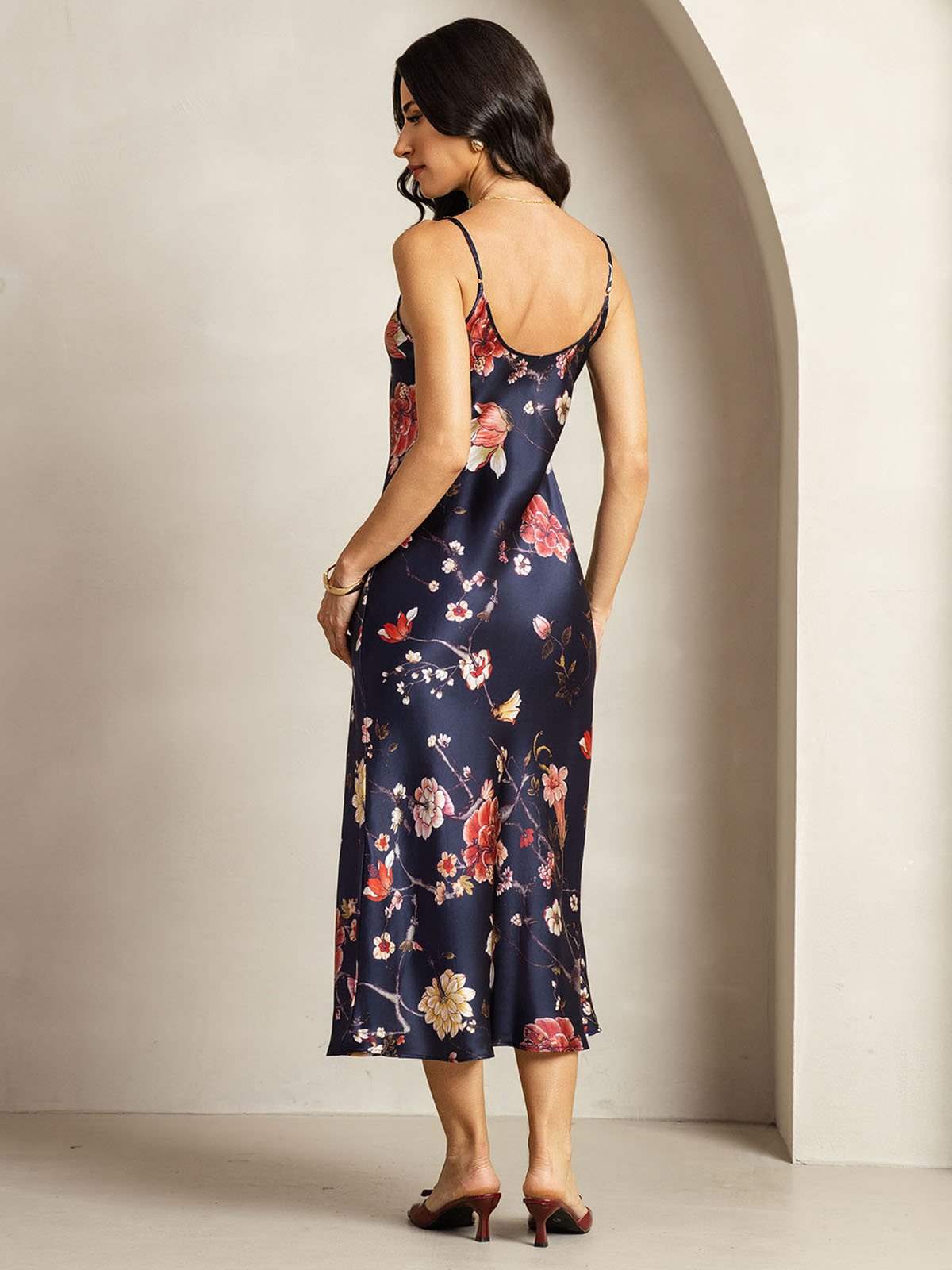 [Navy Floral] SilkSilky-AU 19Momme Silk V Neck Dress 002